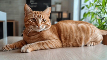 Ginger cat lounging on a wooden table in a bright, cozy indoor space with plants and soft lighting. Generative AI