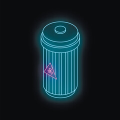 Radioactive waste container with glowing neon effect representing danger on black background
