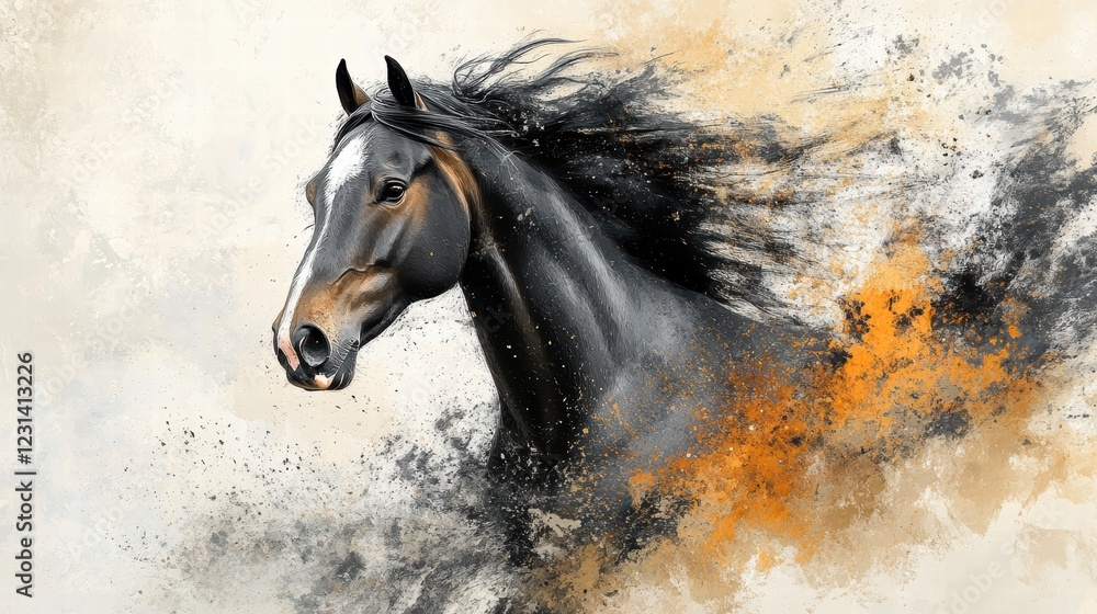 Poster a dynamic mixed media artwork of a horse using paint, ink and digital manipulation to create texture