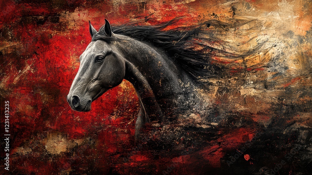 Poster a dynamic mixed media artwork of a horse using paint, ink and digital manipulation to create texture