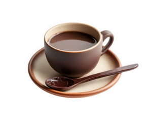 cup of hot cocoa served with chocolate spoon on plate, creating cozy and inviting atmosphere. Perfect for warming up on chilly day