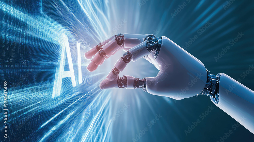 Poster robotic hand reaching towards glowing artificial intelligence symbol in futuristic digital environme