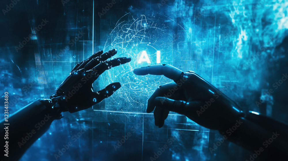 Aufkleber futuristic hands interact with glowing ai symbol in a digital space at night. generative ai