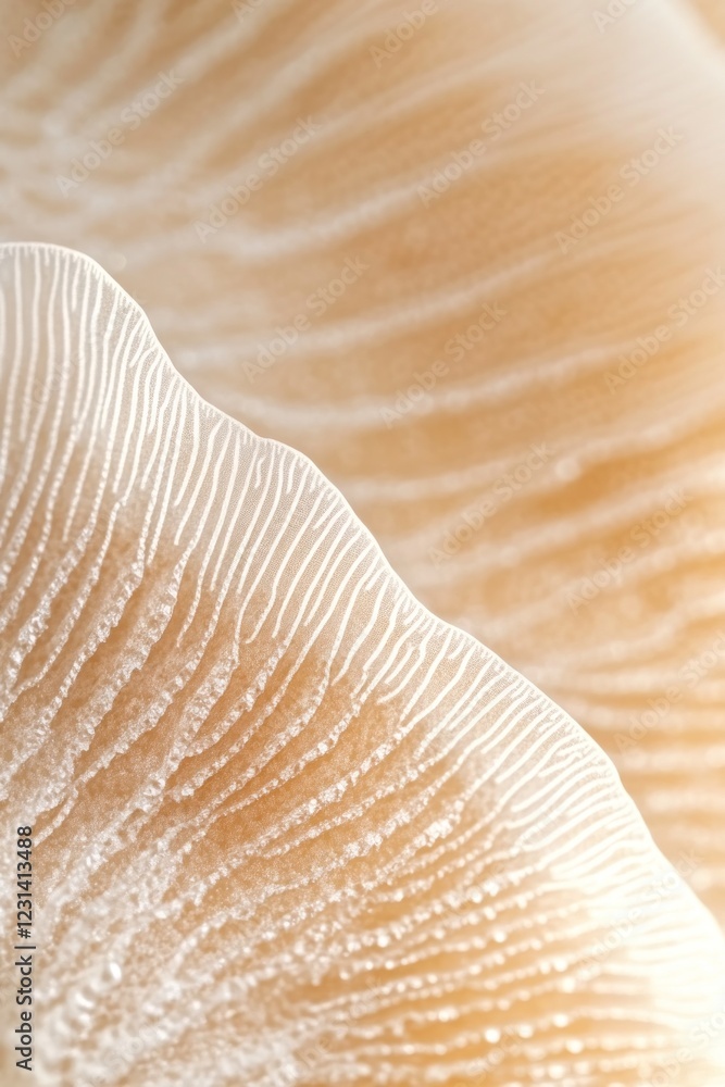 Poster close-up of delicate, pale mushroom gills, showing intricate texture and subtle color variations.