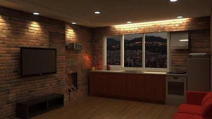 Night city view apartment kitchen interior design