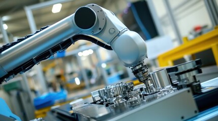 A robotic arm assembling precision parts in a modern industrial setting.
