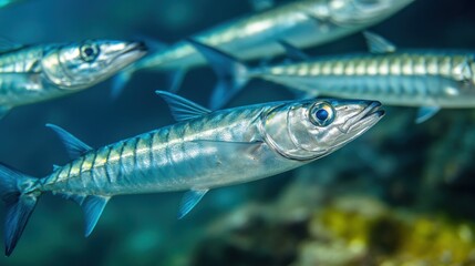 Close-up of a school of barracuda swimming in the ocean.