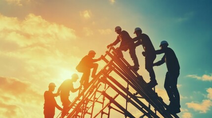 Construction team helping each other climb onto scaffolding, showing teamwork.