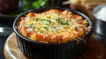 Creamy Cheese Melts Over Rustic Tomato Gnocchi Delight menu meal pasta plate dinner recipe cuisine  