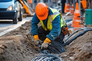 Underground cable installation by construction worker urban construction site action photography industrial environment close-up view infrastructure development