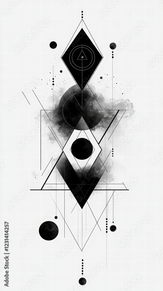 Poster a geometric line art composition of intersecting triangles and circles, with clean lines and a balan