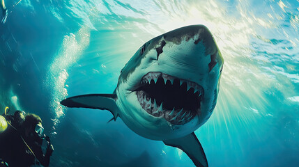 Fototapeta premium Exploring the underwater world with a great white shark near the ocean surface during daylight. Generative AI