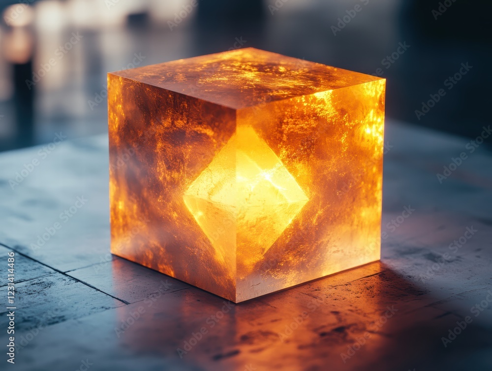 Aufkleber a glowing geometric 3d object, with light reflections bouncing off its surfaces, creating an intrica