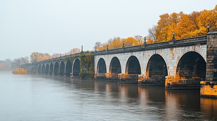 Fototapeta premium A long stone arch bridge spans a calm river, autumn trees line the banks in a misty atmosphere.