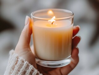 Woman's hand holding a lit candle in a glass jar.