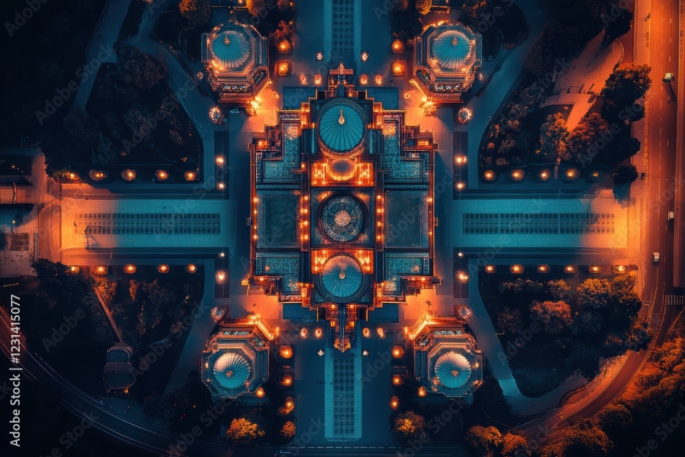 Poster aerial night view of a symmetrical building complex with illuminated domes and pathways.