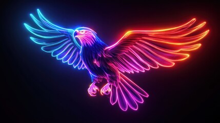 Obraz premium Neon eagle in flight, vibrant colors, dark background.