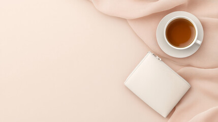 A cup of tea and a small off-white pouch rest on a blush-pink fabric. A minimalist and calming aesthetic.
