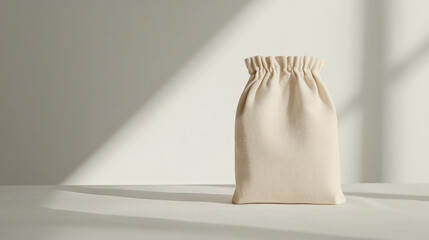 Simple beige cotton drawstring bag on a white background with soft shadows. Perfect for minimalist branding or product photography.