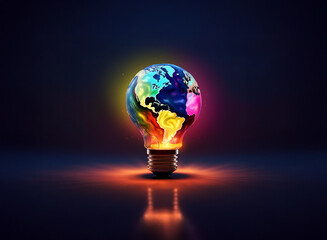A vibrant, colorful globe inside a glowing lightbulb, symbolizing global ideas and innovation.  The radiant light casts a warm reflection.