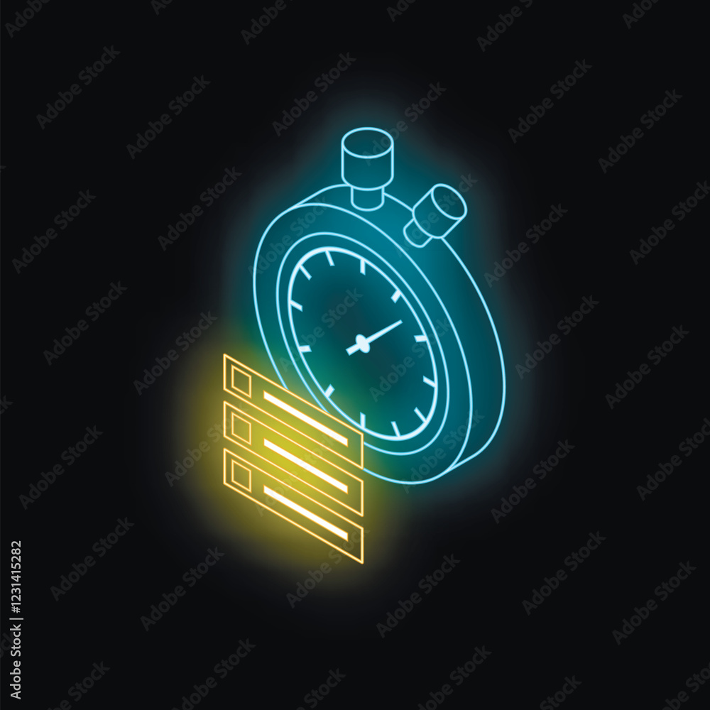 Poster neon stopwatch is measuring working time for efficient scheduling and implementing effective time ma