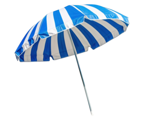 Beach umbrella with blue and white stripes, perfect for sunny days at shore. Enjoy shade and relaxation under this stylish accessory