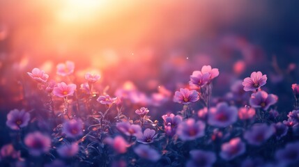 Naklejka premium Sunset meadow wildflowers, blooming, peaceful, nature backdrop