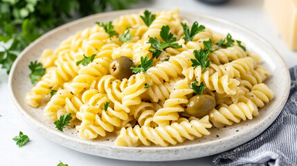 Mediterranean Delight: Upscaled Pasta with Olives, Parsley, and a Touch of Rustic Charm meal plate  