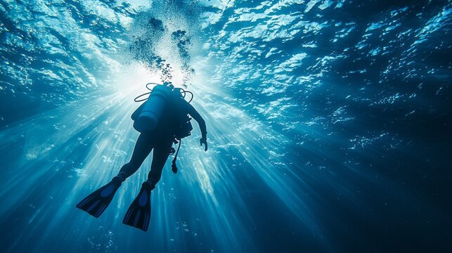 Equipped with scuba gear, a diver gracefully glides through crystal-clear waters, illuminated by rays of sunlight piercing the surface, unveiling a vibrant aquatic world
