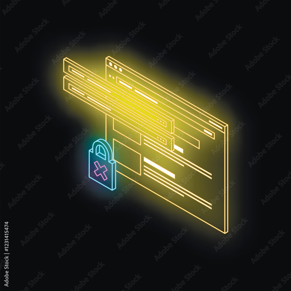 Poster internet security breach with open padlock and cross mark symbolizing insecure connection in glowing