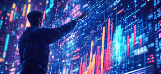 Interactive data analysis with colorful visualizations at a technology conference in the evening. Generative AI