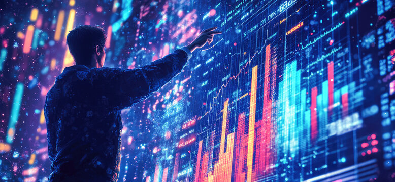 Interactive data analysis with colorful visualizations at a technology conference in the evening. Generative AI - Powered by Adobe