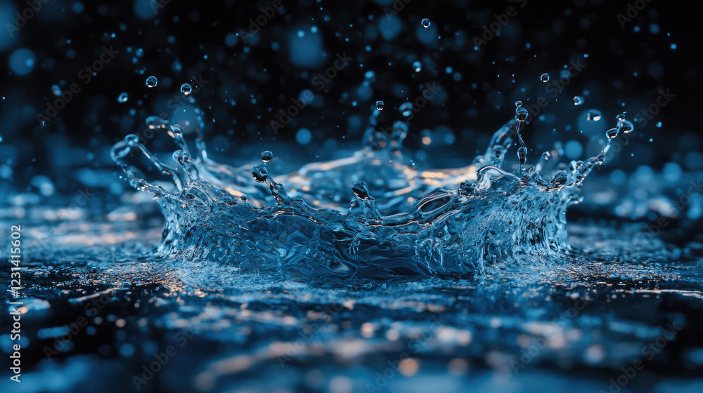Poster Water droplets create mesmerizing splashes against a dark background in an artistic display of liquid movement. Generative AI
