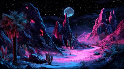 Surreal Nightscape Bio-luminescent Desert Under a Full Moon