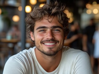 Obraz premium A handsome young man with messy hair sits smiling in a coffee shop, with people walking outside in the blurred background.