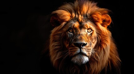 Fototapeta premium Majestic Lion Portrait with Striking Golden Mane Against Black Background