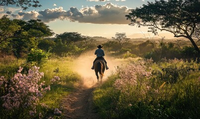 Cowboy riding horse on trail at sunset, dust rising, scenic landscape.