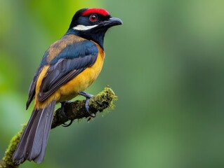 Fototapeta premium Vibrant red-capped bird perched on mossy branch, showcasing its colorful plumage against a blurred green background.