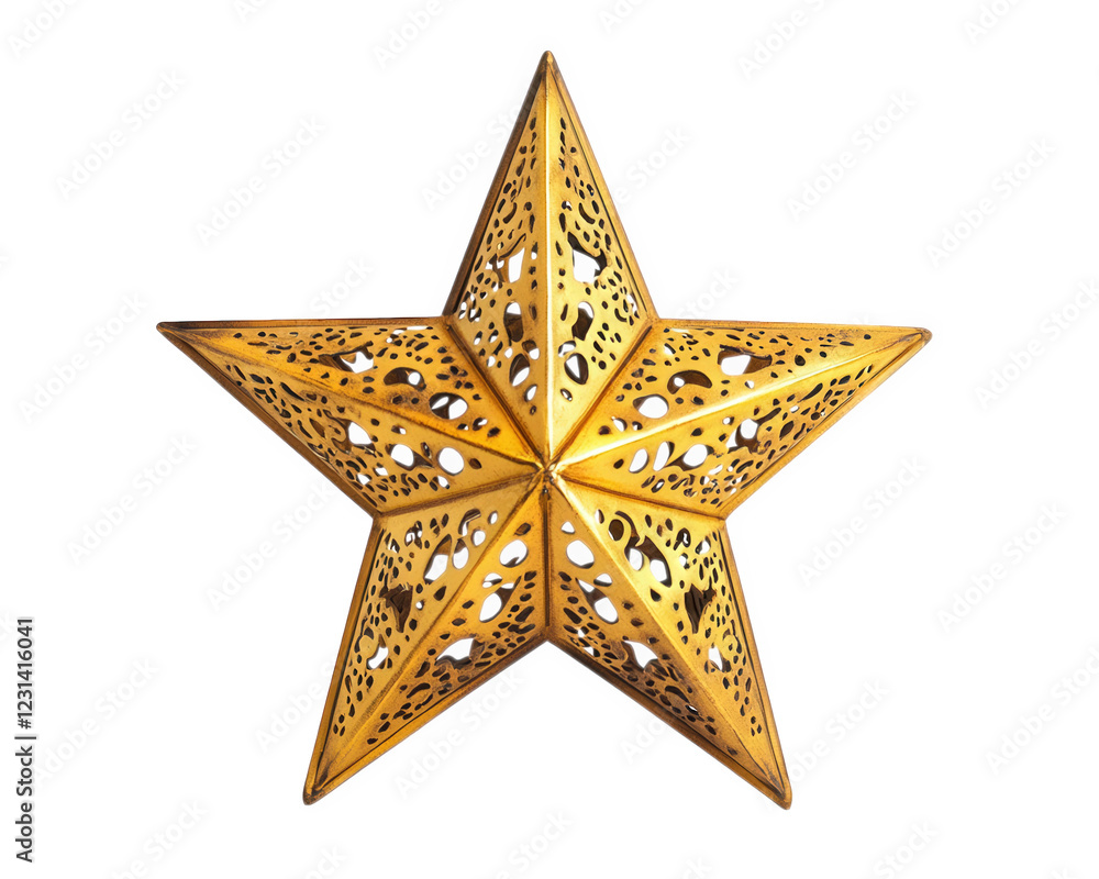 Poster golden star shaped lantern with intricate cut out patterns, perfect for adding warm glow to any spac