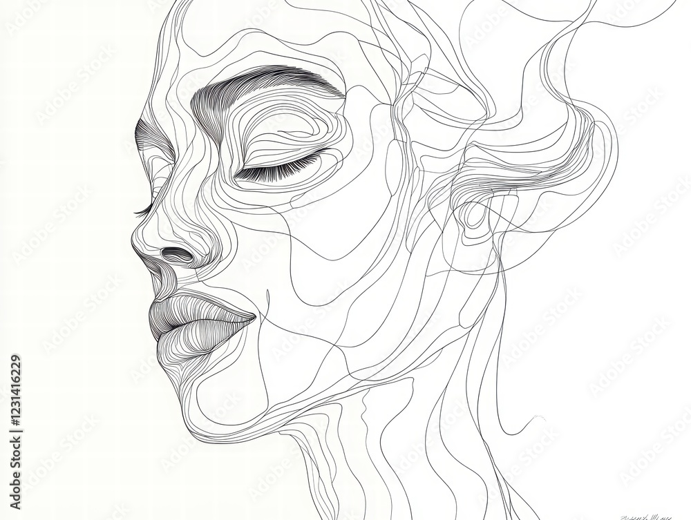 Poster a line art depiction of an abstract face, with clean, flowing lines and minimal details, capturing e
