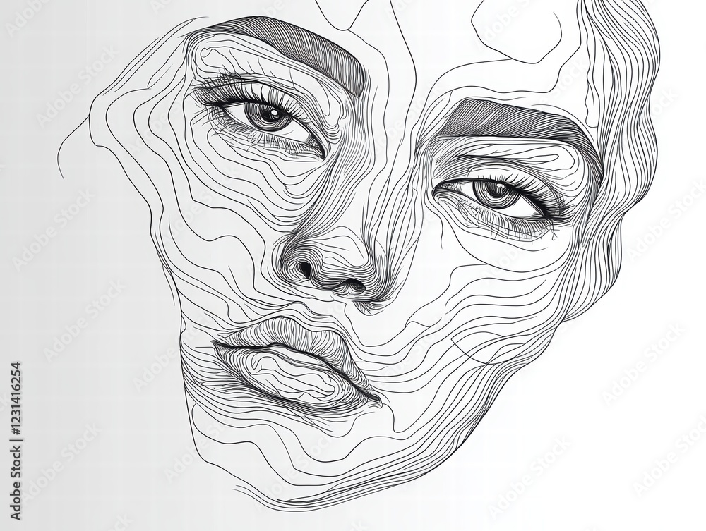 Poster a line art depiction of an abstract face, with clean, flowing lines and minimal details, capturing e