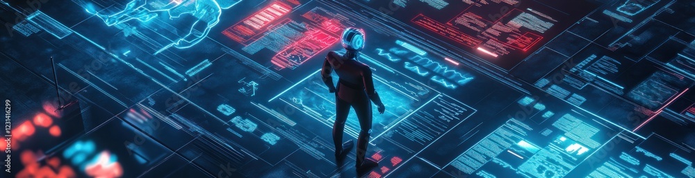 Poster futuristic figure standing on a digital interface displaying data streams and medical scans.