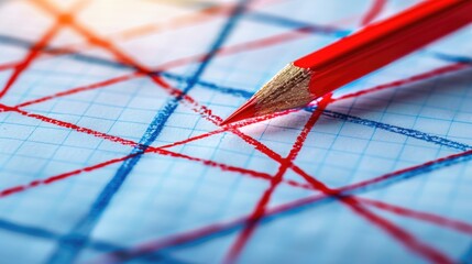 Red Pencil Drawing Lines on Blue Graph Paper Close Up