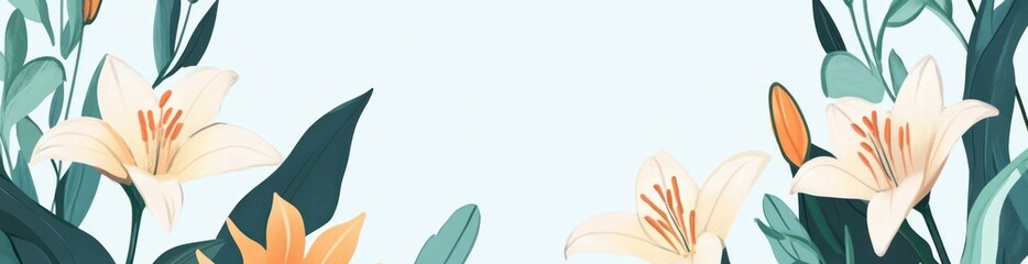 Elegant lilies and foliage create a serene, pastel floral banner.