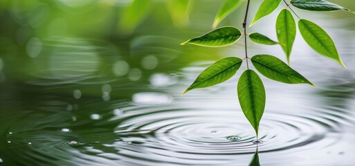Green Leaves Hanging Over Calm Water Surface with Ripples