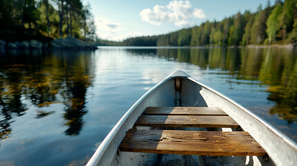 Obraz premium Canoeing on calm lake, forest background, summer