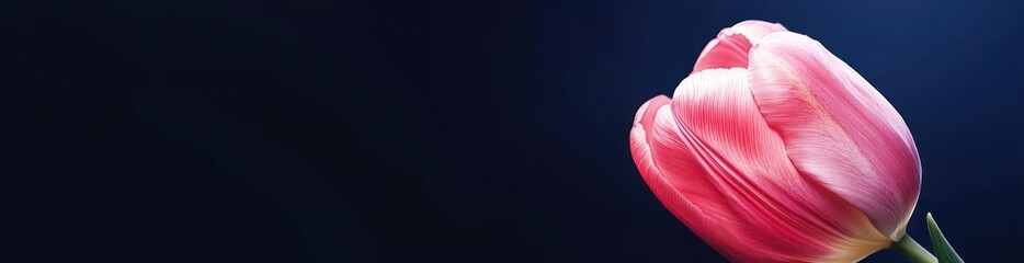 Close-up of a pink and white tulip against a dark blue background.