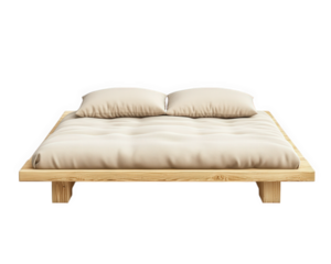 Minimalist Japanese futon bed with wooden frame and soft pillows, perfect for serene sleeping arrangement