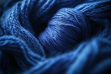 The deep tones and textured surface of dark blue yarn create a striking backdrop for showcasing knitting materials.
