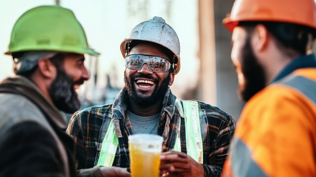 Diverse construction workers having a break together, sharing laughs and drinks.